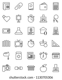 thin line vector icon set - cook timer vector, grater, mixer, corner ruler, alarm clock, presentation, wallet, calculator, diet, stopwatch, jump rope, cinema clap, newspaper, heart cross, connection