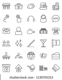 thin line vector icon set - vacuum cleaner vector, shining, garbage pile, cake, chicken leg, school building, dollar growth, auction, stadium, navigator, attention, office, phone 24, glass, cargo