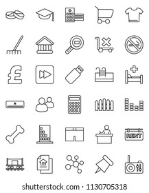 thin line vector icon set - rake vector, graduate hat, student, paper pin, university, calculator, pound, shorts, molecule, no smoking, bone, Railway carriage, trolley, cargo search, equalizer, pool