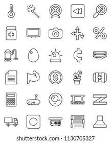 thin line vector icon set - vacuum cleaner vector, plates, egg, book, calculator, document, dollar coin, money search, cent sign, measuring, muscule hand, target, first aid kit, route, film frame