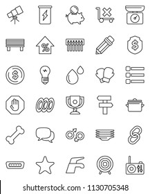 thin line vector icon set - water tap vector, plates, pan, pencil, telescope, award cup, dollar coin, percent growth, piggy bank, shield, boxing glove, target, enegry drink, bone, no trolley, dialog