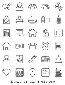 thin line vector icon set - ruler vector, bell, calculator, notebook pc, school bus, target, calendar, dry cargo, satellitie, remote control, social media, group, heart, pause button, forward, home