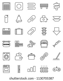 thin line vector icon set - rake vector, clothespin, towel, cleaning agent, pan, plates, bell, case, calculator, arrow down, calendar, signpost, traffic light, sorting, rec button, hospital building