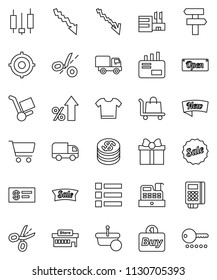 thin line vector icon set - cart vector, japanese candle, crisis, percent growth, target, gift, dollar coin, sale, new, open, mall, buy, card reader, cashbox, basket, trolley, delivery, mail, check
