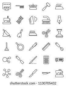 thin line vector icon set - plunger vector, broom, fetlock, car, iron, steaming, pan, whisk, spatula, rolling pin, meat hammer, grater, pen, ruler, scissors, social media, crutches, scalpel