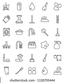 thin line vector icon set - plunger vector, cleaner trolley, broom, vacuum, mop, scoop, clothespin, sponge, trash bin, water drop, car fetlock, splotch, iron, drying clothes, toilet brush, washer