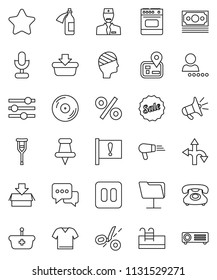 thin line vector icon set - route vector, navigator, attention, money, phone, disk, microphone, dialog, thumbtack, pause button, crutches, potion, head bandage, doctor, network folder, equalizer
