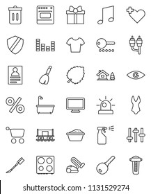 thin line vector icon set - broom vector, trash bin, car fetlock, bath, foam basin, sprayer, oven, music, personal information, leaf, swimsuite, t shirt, Railway carriage, settings, equalizer, rca