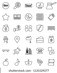 thin line vector icon set - rubber glove vector, water closet, turk coffee, mixer, bbq, cake, book, apple fruit, paper pin, music, cash, money bag, investment, search, skateboard, map, phone 24, new