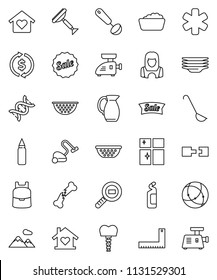 thin line vector icon set - scraper vector, vacuum cleaner, foam basin, cleaning agent, plates, shining window, woman, colander, ladle, jug, corner ruler, backpack, exchange, punching bag, dna, sale