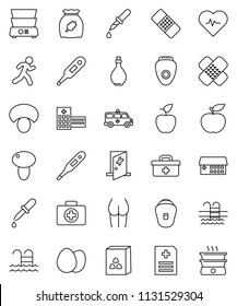 thin line vector icon set - oil vector, double boiler, cereal, egg, mushroom, apple fruit, diet, heart pulse, buttocks, pool, first aid kit, run, doctor bag, thermometer, dropper, patch, anamnesis