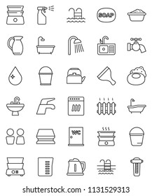 thin line vector icon set - soap vector, scraper, water tap, bucket, sponge, drop, bath, foam basin, sprayer, shower, closet, sink, kettle, measuring cup, double boiler, jug, pool, heating, filter