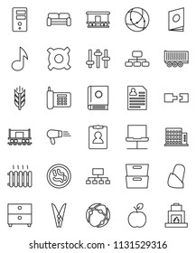 thin line vector icon set - clothespin vector, apple fruit, music, archive, personal information, hierarchy, any currency, cereals, Railway carriage, phone, truck trailer, settings, microbs, bandage