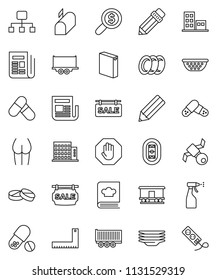 thin line vector icon set - washing powder vector, sprayer, plates, colander, cookbook, pencil, corner ruler, money search, buttocks, pills, stadium, satellite, truck trailer, Railway carriage, stop
