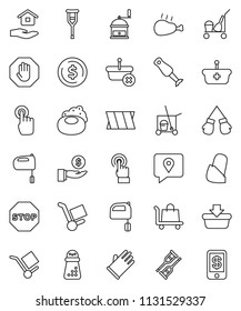 thin line vector icon set - soap vector, cleaner trolley, rubber glove, house hold, hand mill, mixer, blender, chicken leg, dollar coin, investment, boxing, traking, cargo, touchscreen, crutches