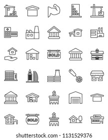 thin line vector icon set - house hold vector, skimmer, university, bank, building, muscule hand, dry cargo, warehouse, hospital, cottage, chalet, barn, sold signboard, apartments, office, factory