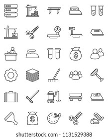 thin line vector icon set - scraper vector, vacuum cleaner, rake, iron, student, money bag, case, horizontal bar, big scales, group, vial, scissors, data, gear, bench, construction crane, 24 hour