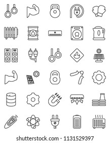 thin line vector icon set - atom vector, magnet, weight, hand trainer, muscule, boxing glove, gymnast rings, flammable, oil barrel, remote control, battery, rca, gear, solar panel, air conditioner