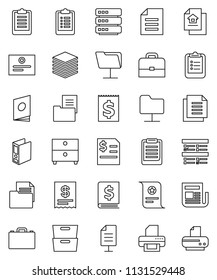 thin line vector icon set - case vector, clipboard, certificate, document, archive, exam, annual report, binder, receipt, newspaper, network folder, big data, estate, catalog, printer