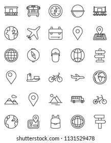 thin line vector icon set - camping cauldron vector, backpack, compass, school bus, world, bike, signpost, navigator, earth, map pin, Railway carriage, plane, ship, globe, mountain