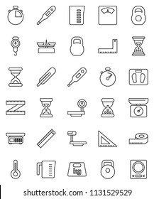 thin line vector icon set - measuring cup vector, scales, corner ruler, sand clock, stopwatch, weight, big, thermometer, store, kitchen