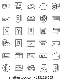 thin line vector icon set - credit card vector, cash, coin stack, check, receipt, dollar calendar, money, wallet, reader, tap pay