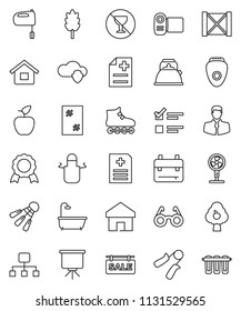 thin line vector icon set - window cleaning vector, kettle, apron, mixer, cereal, glasses, backpack, apple fruit, medal, presentation, exam, hand trainer, roller Skates, shuttlecock, no alcohol sign