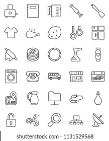 thin line vector icon set - plunger vector, shining window, oil, measuring cup, spatula, rolling pin, toaster, jug, potato, chicken leg, copybook, school bus, magnifier, hierarchy, t shirt, hoop