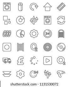 thin line vector icon set - washboard vector, toilet paper, plates, pie graph, arrow up, pound, oxygen, disk, play button, rec, pills blister, gear, refresh, redo, loading, route, relocation truck
