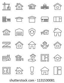 thin line vector icon set - house hold vector, school building, measuring, dry cargo, hospital, home, attention sign, cottage, barn, plan, love, construction crane, protect, mall, window