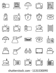 thin line vector icon set - washboard vector, kettle, hand mill, turk coffee, glasses, alarm clock, abacus, phone, umbrella, radio, tv, classic, closed, video camera, sewing machine