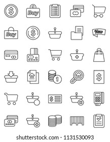 thin line vector icon set - dollar coin vector, cart, credit card, stack, receipt, estate document, search, new, shopping bag, buy, barcode, reader, basket, list