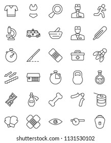 thin line vector icon set - stopwatch vector, hand trainer, boxing glove, swimsuite, t shirt, sports nutrition, stairways run, shuttlecock, bone, weight, doctor bag, thermometer, flask, eye, scalpel