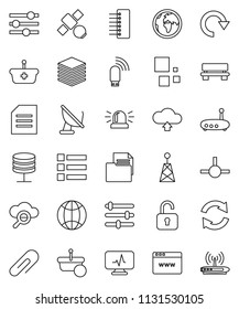 thin line vector icon set - document vector, earth, satellite, antenna, diagnostic monitor, connect, network server, cloud glass, big data, browser, equalizer, hub, usb modem, router, bench, refresh