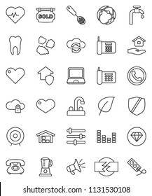 thin line vector icon set - house hold vector, garbage pile, water tap, skimmer, leaf, target, heart pulse, phone, protected, equalizer, tooth, connection, cloud exchange, lock, disconnection, barn