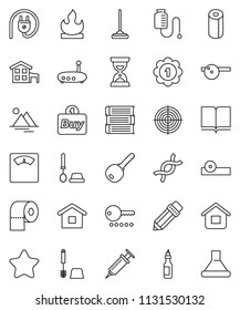 thin line vector icon set - mop vector, toilet brush, paper, oil, book, pencil, sand clock, scales, target, medal, flammable, dna, syringe, eye doctor hat, drop counter, router, cottage, mountain