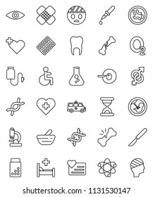 thin line vector icon set - atom vector, flask, pills vial, heart monitor, cross, oxygen, disabled, eye, gender sign, dna, pregnancy, insemination, dropper, scalpel, broken bone, sand clock, patch