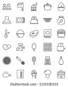 thin line vector icon set - pan vector, camping cauldron, kettle, oil, colander, measuring cup, scales, towel, cook timer, skimmer, hand mill, grater, mixer, toaster, microwave oven, cookbook, bbq