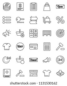 thin line vector icon set - credit card vector, dollar coin, new, open, closed, 24 hour, shopping bag, percent, store, target, barcode, receipt, basket, list, calculator, auction, trolley, catalog