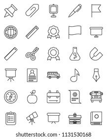 thin line vector icon set - pen vector, university, ruler, backpack, apple fruit, telescope, clipboard, paper pin, compass, medal, certificate, magnet, scissors, school bus, presentation, music