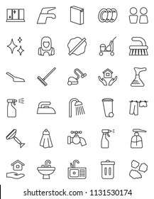 thin line vector icon set - plunger vector, scraper, cleaner trolley, water tap, vacuum, fetlock, rake, scoop, towel, trash bin, shining, splotch, iron, drying clothes, washing powder, liquid soap
