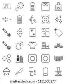 thin line vector icon set - shining vector, window cleaning, skimmer, knife, cutting board, bbq, school building, any currency, cent sign, scales, t shirt, route, plane, truck trailer, battery, rec