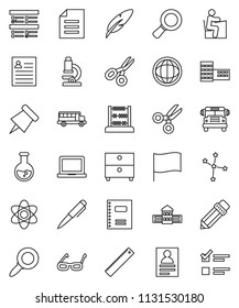 thin line vector icon set - copybook vector, pen, pencil, school building, ruler, glasses, student, atom, microscope, notebook pc, paper pin, scissors, bus, abacus, world, document, archive, flag