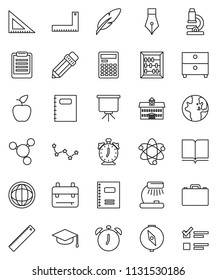 thin line vector icon set - book vector, copybook, graduate hat, pen, university, pencil, corner ruler, case, backpack, apple fruit, atom, microscope, table lamp, calculator, alarm clock, clipboard