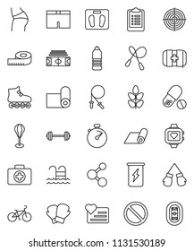 thin line vector icon set - barbell vector, measuring, scales, stadium, stopwatch, clipboard, bike, jump rope, punching bag, buttocks, boxing glove, shorts, roller Skates, target, pills, molecule