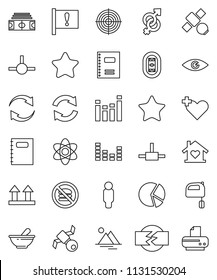 thin line vector icon set - mixer vector, copybook, atom, pie graph, man, stadium, target, no fastfood, attention, satellite, top sign, equalizer, favorites, heart cross, eye, gender, mortar, star