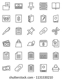 thin line vector icon set - book vector, pen, schedule, clipboard, document, cash, receipt, binder, dollar calendar, fitness mat, money, thumbtack, attachment, estate, gift, shopping bag, list