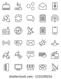 thin line vector icon set - clipboard vector, satellite, radio, antenna, satellitie, internet, mobile phone, dialog, classic, mail, connect, server, firewall, hub, router, lan connector, share