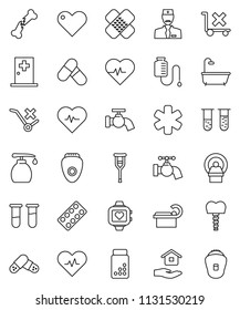 thin line vector icon set - water tap vector, liquid soap, house hold, heart pulse, pills vial, monitor, no trolley, ambulance star, crutches, broken bone, patch, blister, tomography, drop counter