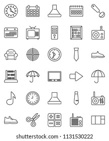 thin line vector icon set - ladle vector, scissors, abacus, music, clock, tie, calendar, snickers, target, umbrella, radio, arrow, cushioned furniture, tv, calculator, hood, computer, window